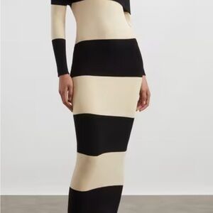 Posse off shoulder Black and Cream Striped Maxi Dress